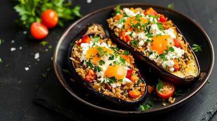 Baked eggplant halves filled with savory ingredients and topped with eggs