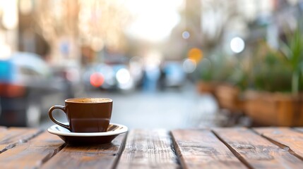 Steaming coffee cup on wooden table with blurred city street background