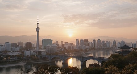 Obraz premium Stunning Cityscape at Sunrise River, Bridge, Tower Silhouette