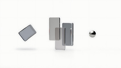 Modern geometric composition featuring floating metallic rectangles and a sphere against a clean white background representing abstract design and technology