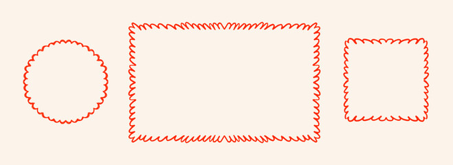 Hand drawn scalloped frame set. Red wavy edge border collection. Circle, rectangle and square doodled scallop box bundle for invitation template, poster, banner. Squiggle edges sketch cadre. Vector