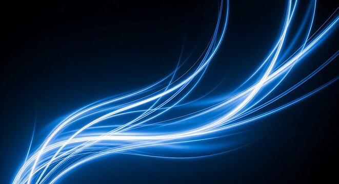 Abstract glowing blue light trails on dark background
