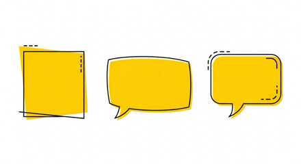 Three yellow speech bubbles with different shapes and styles on white background, representing communication and dialogue