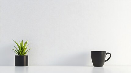 Minimalist black mug and green plant on white surface