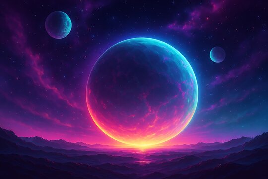 alien planet with glowing twin moons and cosmic scenery in vibrant colors artificial intelligence tech Background