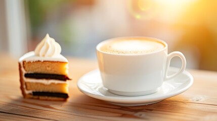 Delicious slice of cake and a steaming cup of coffee on a wooden table