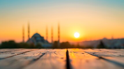 Golden sunset over a cityscape with wooden foreground