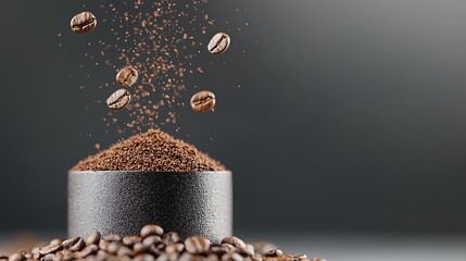 Coffee beans and grounds cascade into a container with a dark background