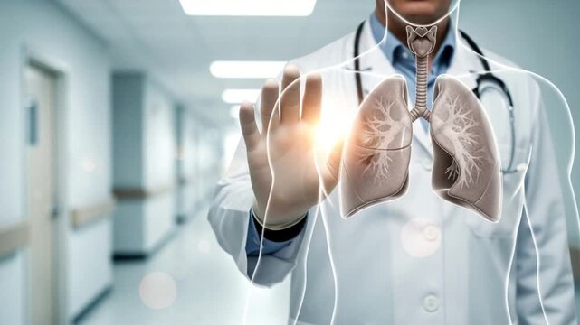 Doctor in lab coat with stethoscope presenting human lungs anatomy in a hospital corridor setting