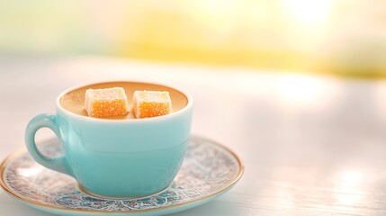 Cozy morning coffee with marshmallows and soft sunlight