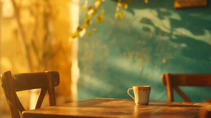 Cozy cafe table with warm light and shadows