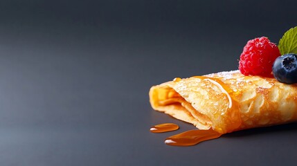 Delicious rolled crepe with fresh berries and syrup drizzle