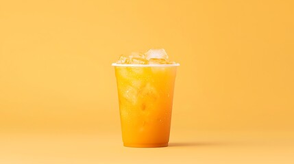 Refreshing orange juice drink with ice against a yellow background