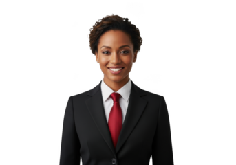 Professional african american businesswoman smiling portrait in suit and red tie stock photo, headshot, isolated on transparent background