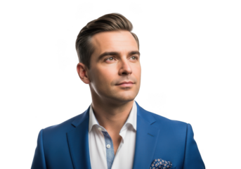 Handsome businessman portrait, professional headshot, corporate man in blue suit looking upward, png image isolated on transparent background