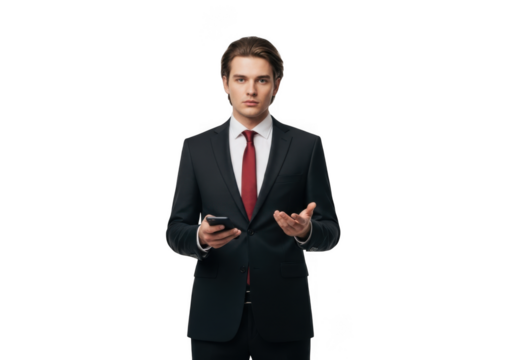 Professional businessman holding smartphone wearing suit and red tie posing gesturing isolated on transparent background
