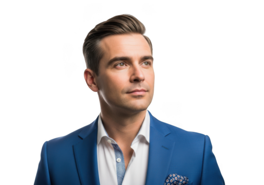 Handsome businessman portrait, professional headshot, corporate man in blue suit looking upward, png image isolated on transparent background
