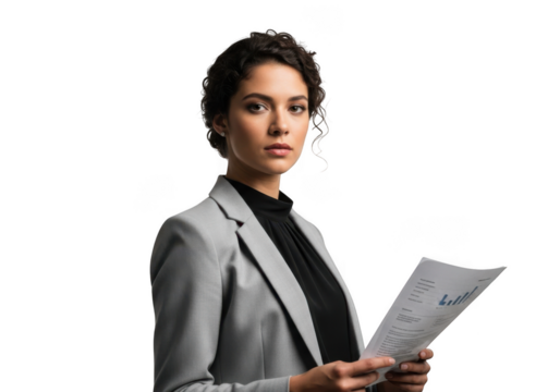 Professional businesswoman holding financial report, charts, graphs, analytics, data analysis, isolated on transparent background