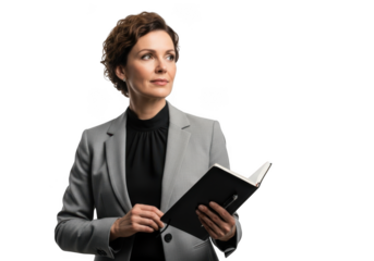 Professional businesswoman in gray suit holding notebook looking upward stock photo, corporate executive, isolated on transparent background