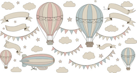 Hot Air Balloons with airships and garlands. Hand drawn watercolor set of illustrations for Babu shower greeting cards or invitations on isolated backgrounds.