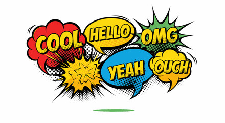 A vibrant burst of comic-inspired expression: Animated speech bubbles in a kaleidoscope of colors conveying lively reactions and emotions, capturing the energetic aesthetic of graphic novels and pop