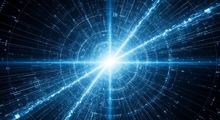 Abstract blue digital tunnel with bright light at the end