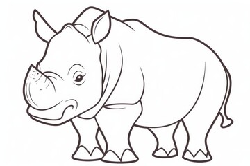 Fototapeta premium Cute cartoon rhinoceros simple vector line art coloring page for kids, bold outline black and white minimalist doodle illustration.