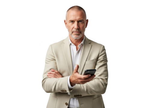Serious businessman holding smartphone in suit jacket stock photo for business presentation and marketing isolated on transparent background