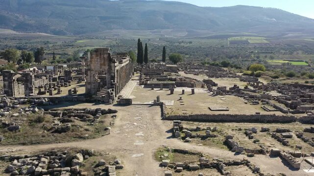 Volubilis is a Roman archaeological site in Morocco, thriving between the 1st and 3rd centuries AD, known for its arch, temples, and exquisite mosaics.