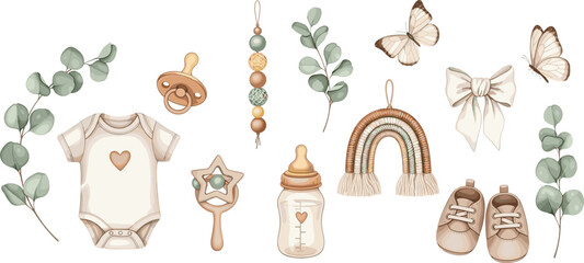 Watercolor illustration of childish seamless Border with baby items. Drawing of pattern with bodysuit, bottle, shoes, pacifier, eucalyptus and ribbon.