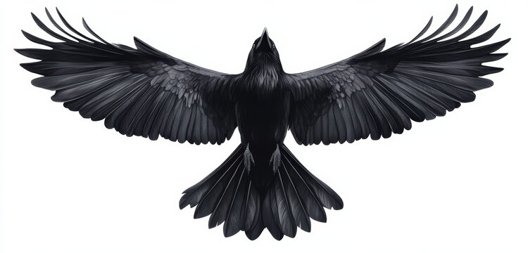 Soaring black raven with wings fully spread  
