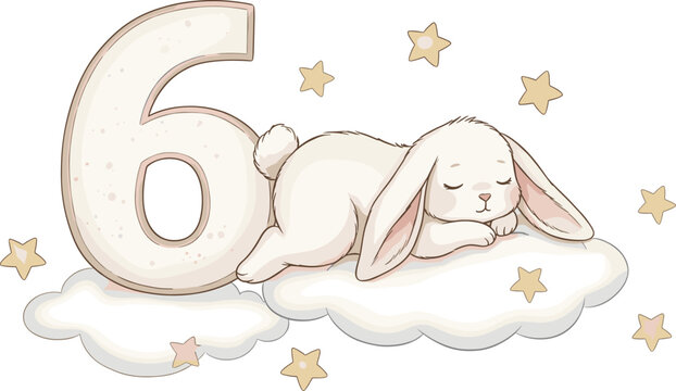 Watercolor illustration of cute Bunny sleeping on a cloud with stars and number Six for Birthday greeting cards or monthly milestone invitations in beige pastel colors.