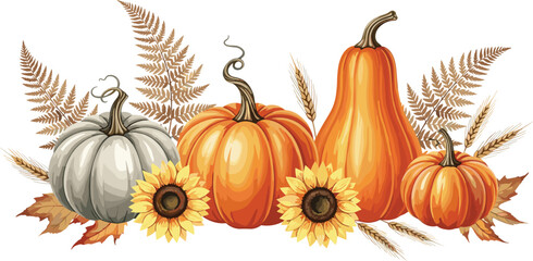 Watercolor illustration of pumpkins with blooming sunflowers and fall foliage. Autumn drawing of leaves and fern in rustic style for thanksgiving greeting cards or harvest festival invitations