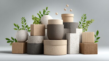 A collection of abstract geometric shapes and natural elements, including leaves and spheres, arranged in a visually appealing manner.