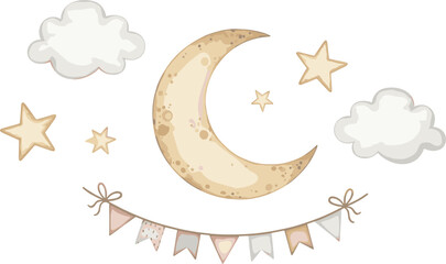Fototapeta premium Watercolor illustrations with moon, clouds, and stars. Drawing of garland in beige neutral colors for Baby shower invitations or newborn party greeting cards.