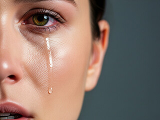 A close-up portrait of a woman crying, showing powerful emotion and sadness