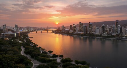 Fototapeta premium Stunning Sunset Cityscape Riverfront Skyline, Bridges Park