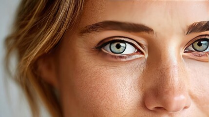 Naklejka premium Under eye swelling concept. Close-up of a woman's face showing bright blue eyes and a smile.