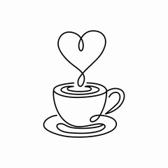 Minimalist coffee cup line art with heart shaped steam on a white background for designs and illustrations