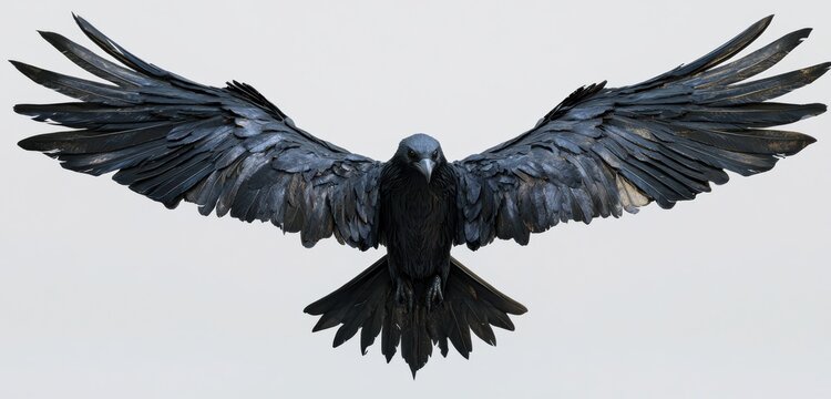 Black raven flying with wide wingspan  
