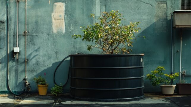 32.Classic rooftop water reservoir, a dark-colored tinaco placed near the edge of a building, with a visible hose for water distribution