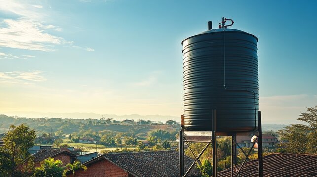 30.Black rooftop water tank, commonly known as a tinaco, elevated on a sturdy metal frame, with pipes connected for household water storage