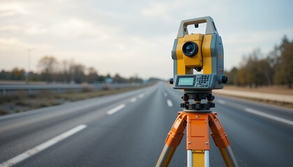 surveying the empty highway with precision instrument for accurate road measurement and analysis