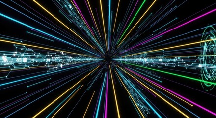 Dynamic light trails converging in a central point suggesting futuristic technology