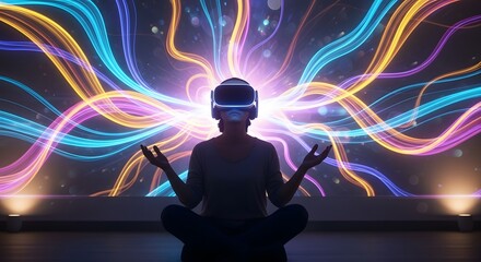 A person meditates in a lotus position wearing a VR headset, immersed in a world of vibrant, glowing light waves.
