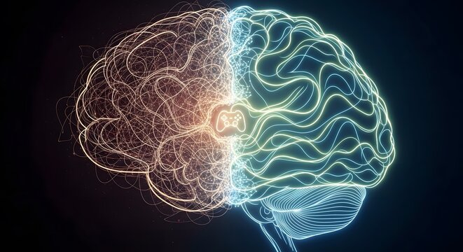 Abstract visualization of a human brain with left and right hemispheres glowing in contrasting colors.