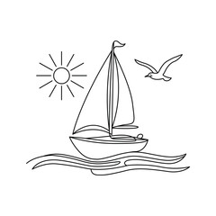 Minimalist Sailboat on the Sea with Sun and Bird Graphic Illustration in Black and White Line Art Style