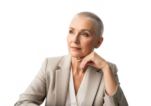 Professional mature woman with short gray hair in beige suit looking away stock photo png image for designers isolated on transparent background