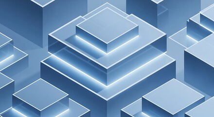 Geometric Blue Cubes with Illuminated Edges, Abstract Digital Composition
