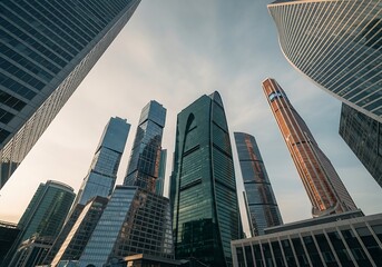 Obraz premium Modern skyscrapers reaching towards the sky at sunset